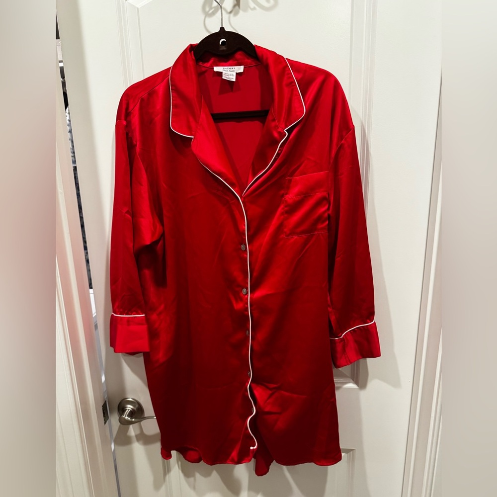 Natori Red Satin Button-Front Nightshirt with White Piping